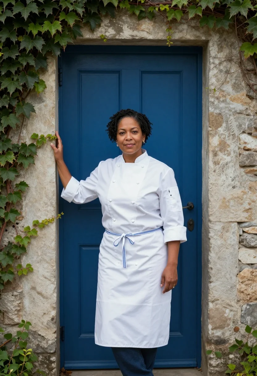 AI yountville chef blue door sample — portrait of a woman, in her late forties, with deep brown sk