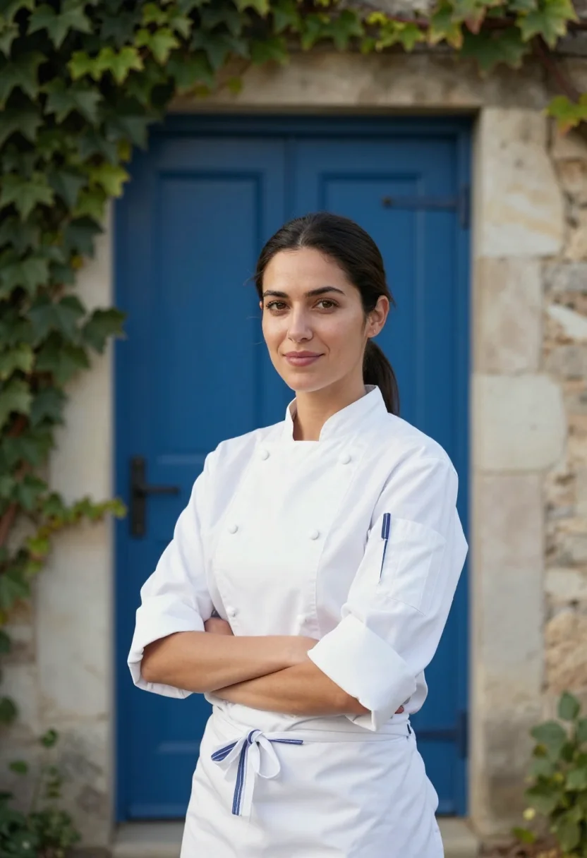 AI yountville chef blue door sample — portrait of a woman, in her mid-thirties, with warm olive sk