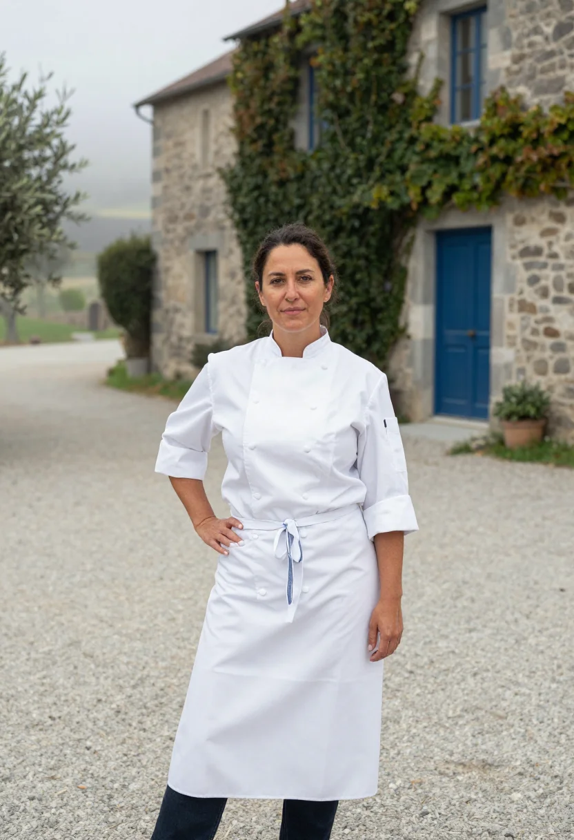 AI yountville chef blue door sample — portrait of a woman, in her mid-forties, with honey-toned sk