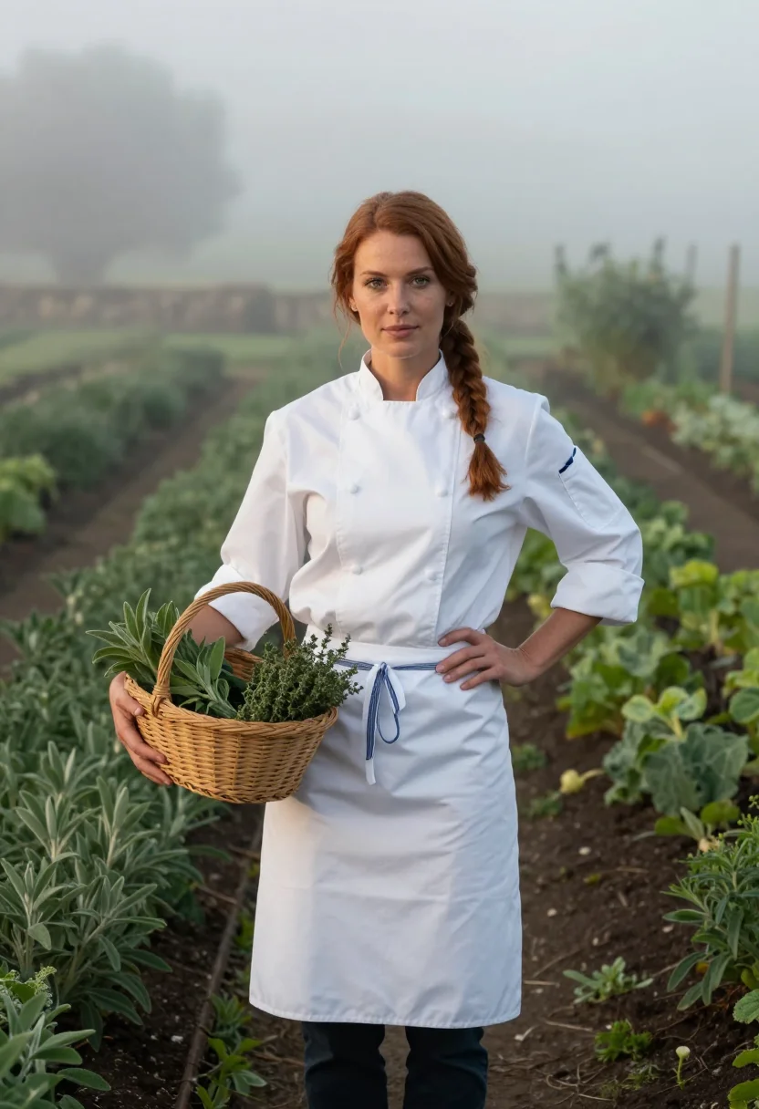 AI yountville chef blue door sample — portrait of a woman, in her late twenties, with warm ivory s