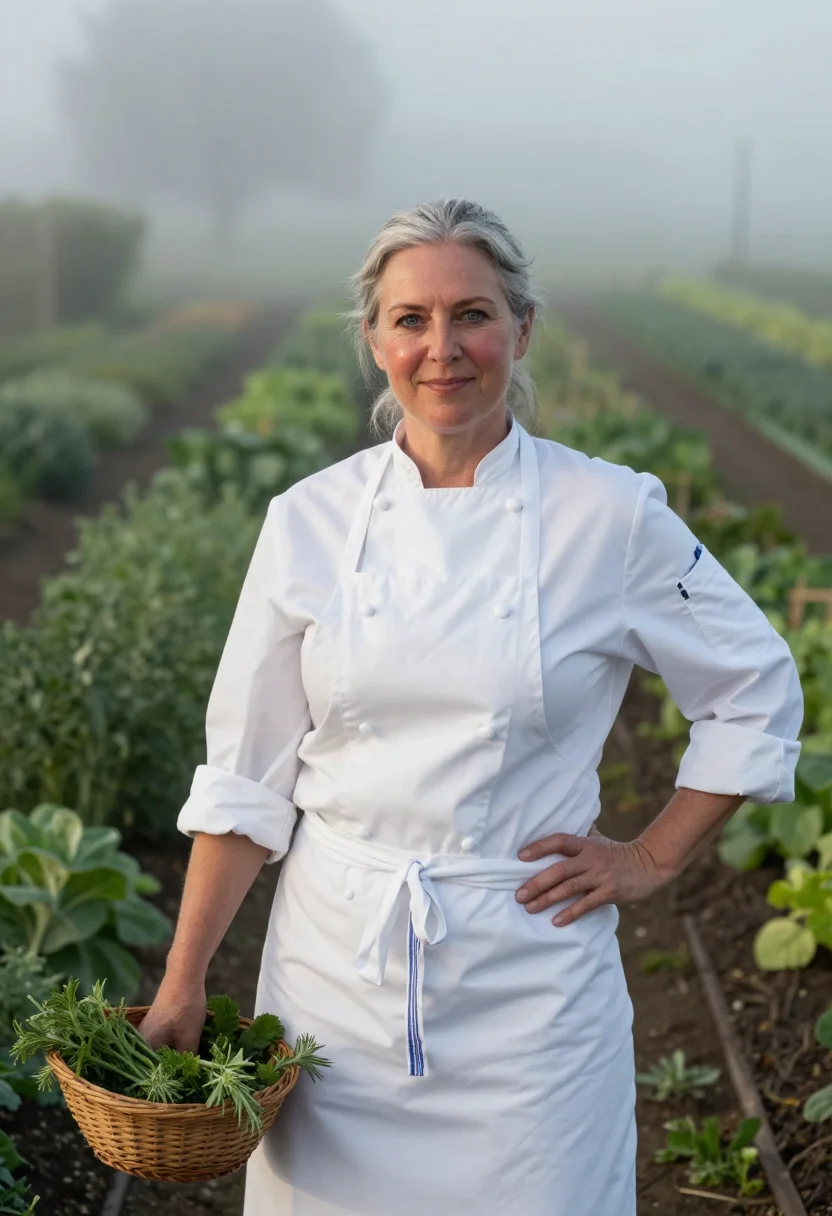 AI yountville chef blue door sample — portrait of a woman, in her mid-fifties, with fair rosy skin