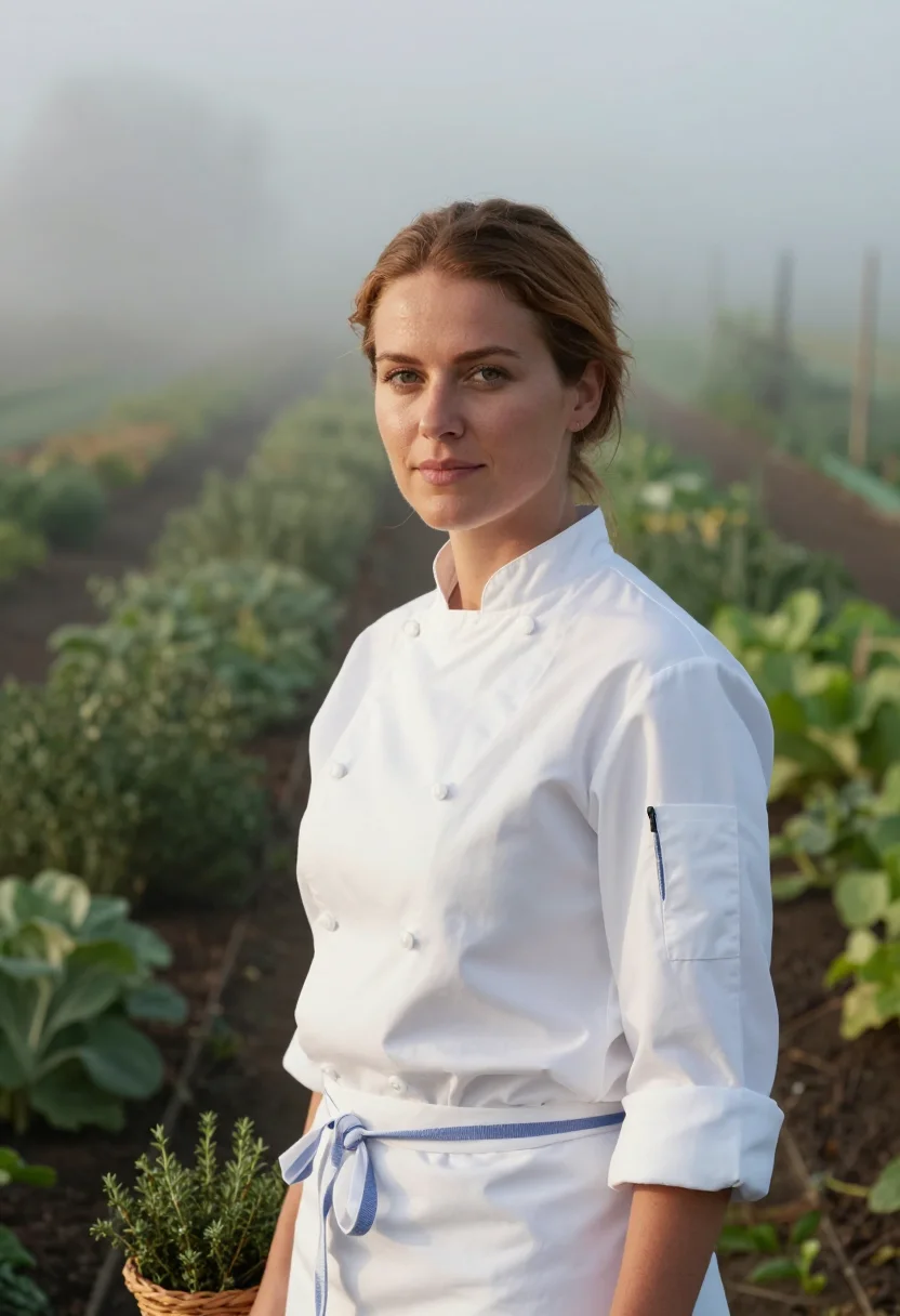 AI yountville chef blue door sample — portrait of a woman, in her early thirties, with golden tan