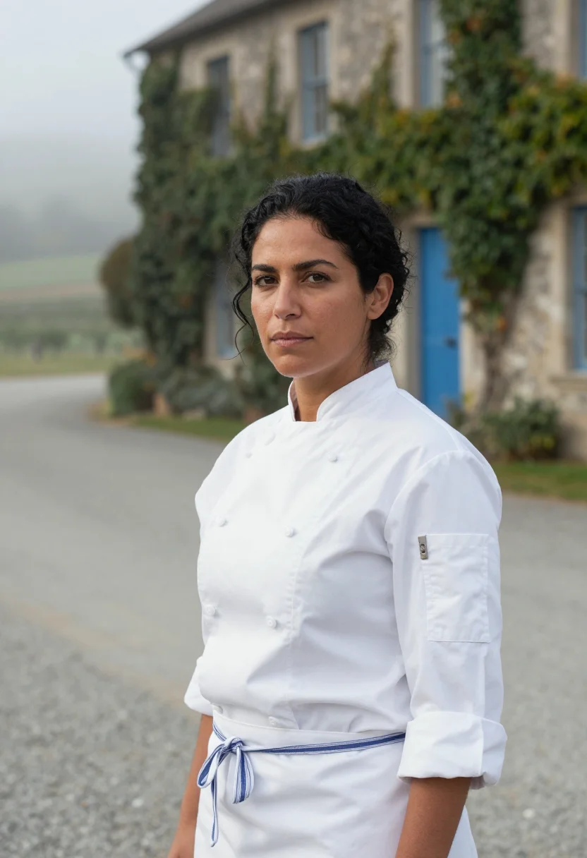AI yountville chef blue door sample — portrait of a woman, in her late thirties, with warm brown s