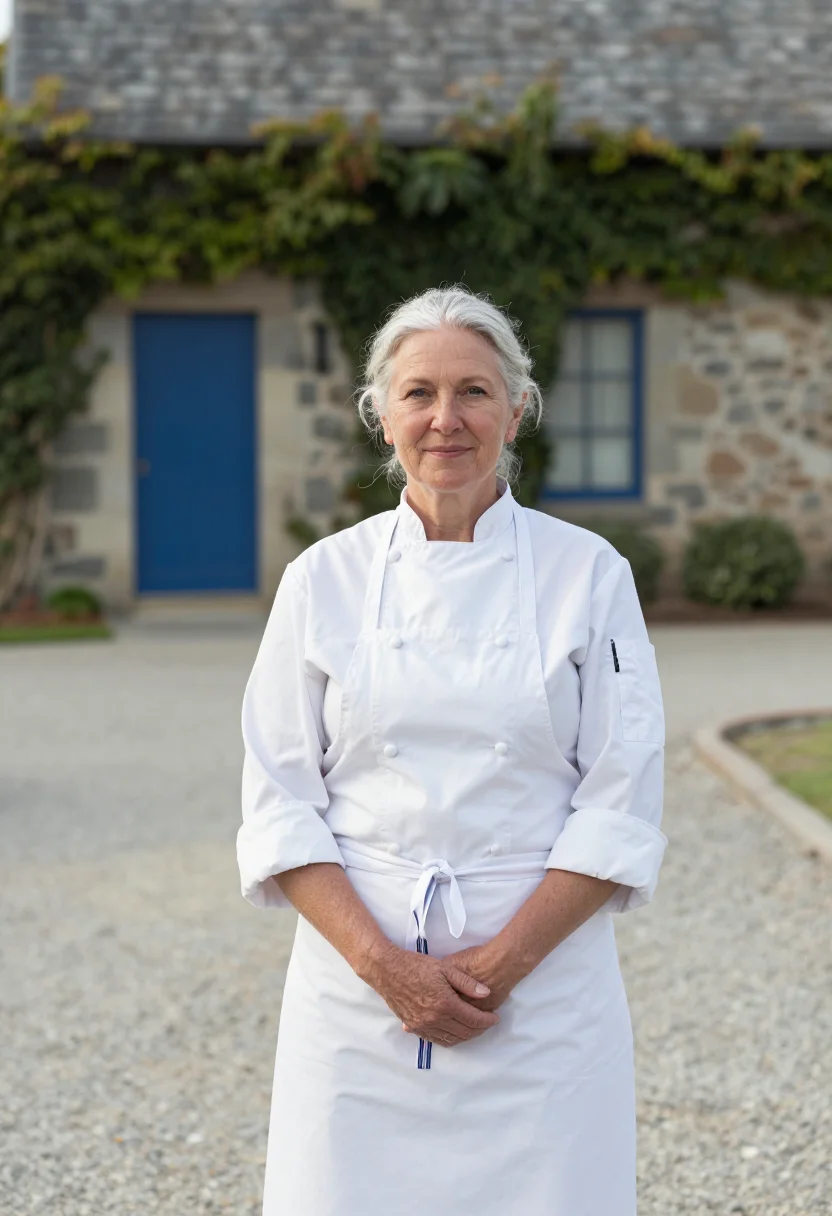 AI yountville chef blue door sample — portrait of a woman, in her early sixties, with fair skin, g