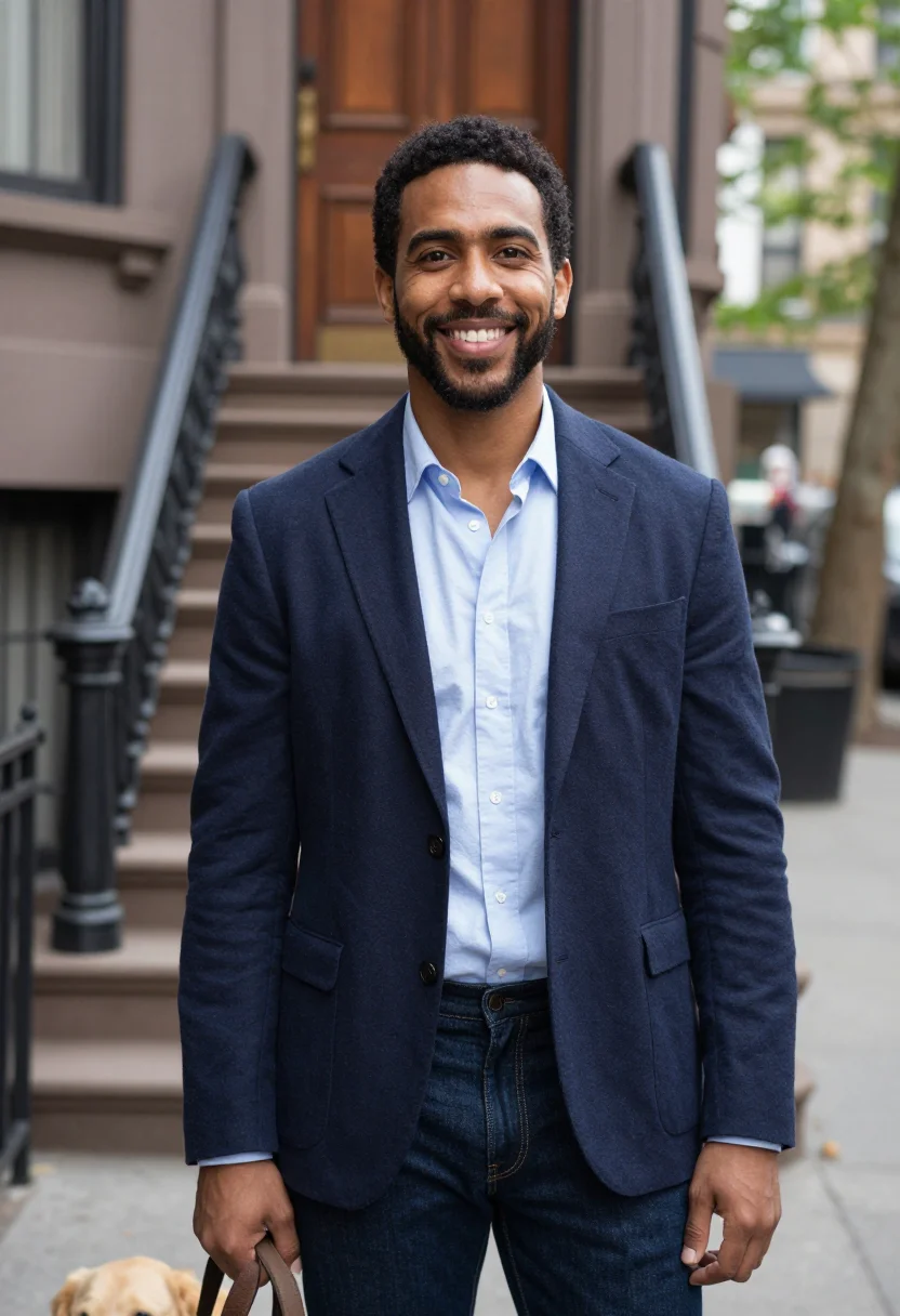 AI youve got mail joe fox upper west side navy sample — portrait of a man, framed chest-up, cropped at the ribs, the
