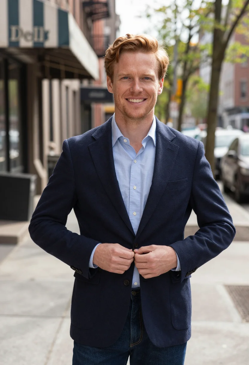 AI youve got mail joe fox upper west side navy sample — portrait of a man, framed chest-up, cropped at the ribs, the