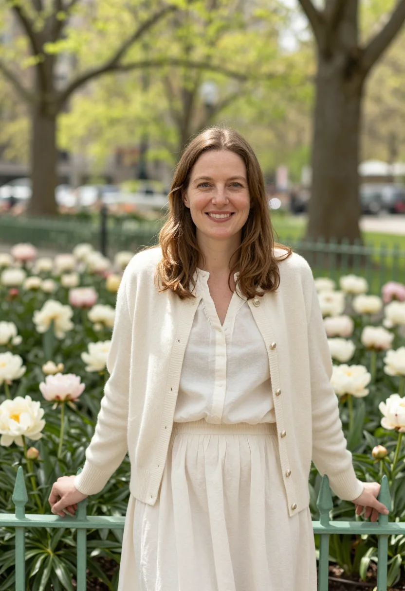 AI youve got mail riverside park garden may cream sample — portrait of a woman, framed waist-up from the head to the wa