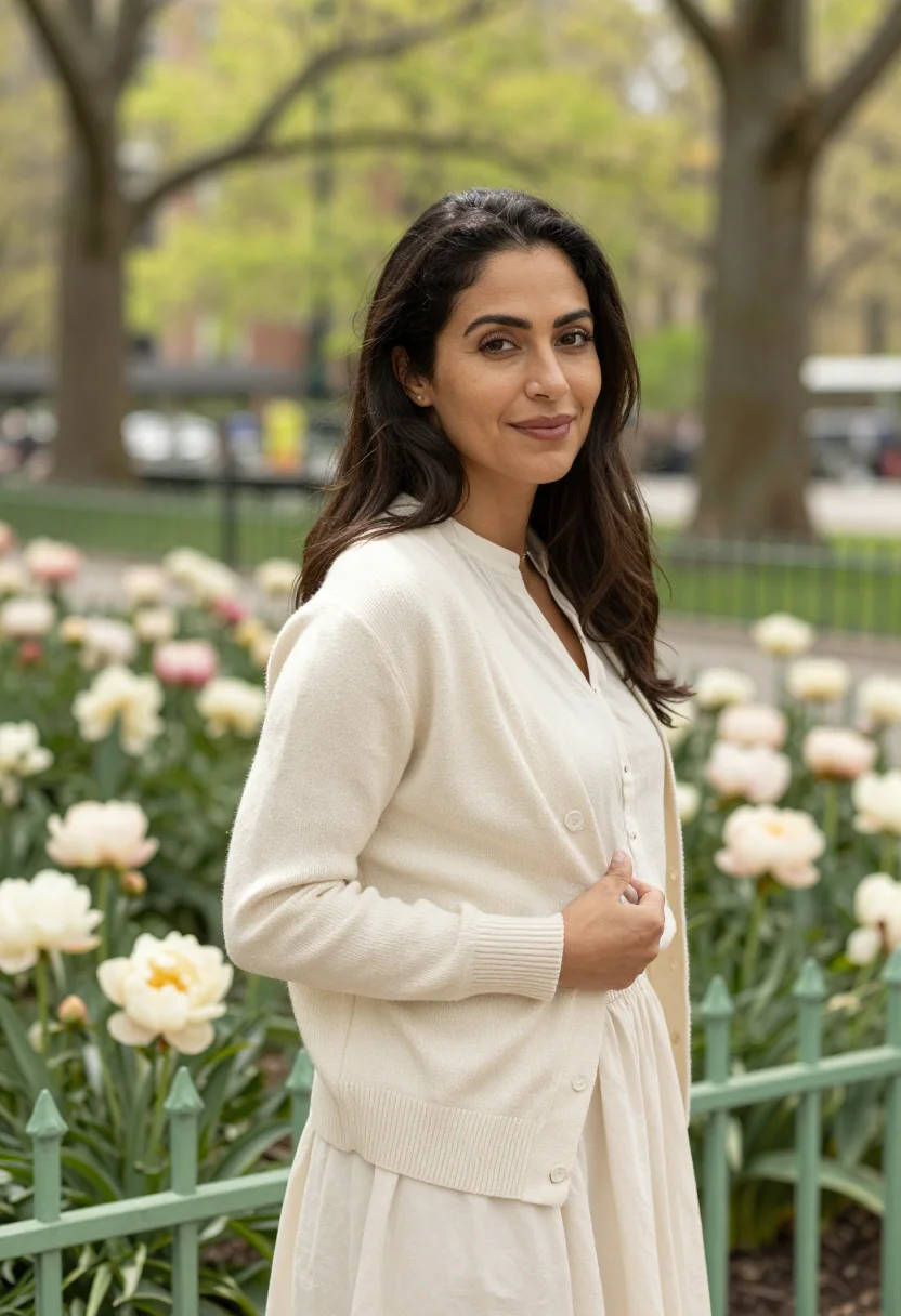 AI youve got mail riverside park garden may cream sample — portrait of a woman, framed chest-up, cropped at the ribs, t