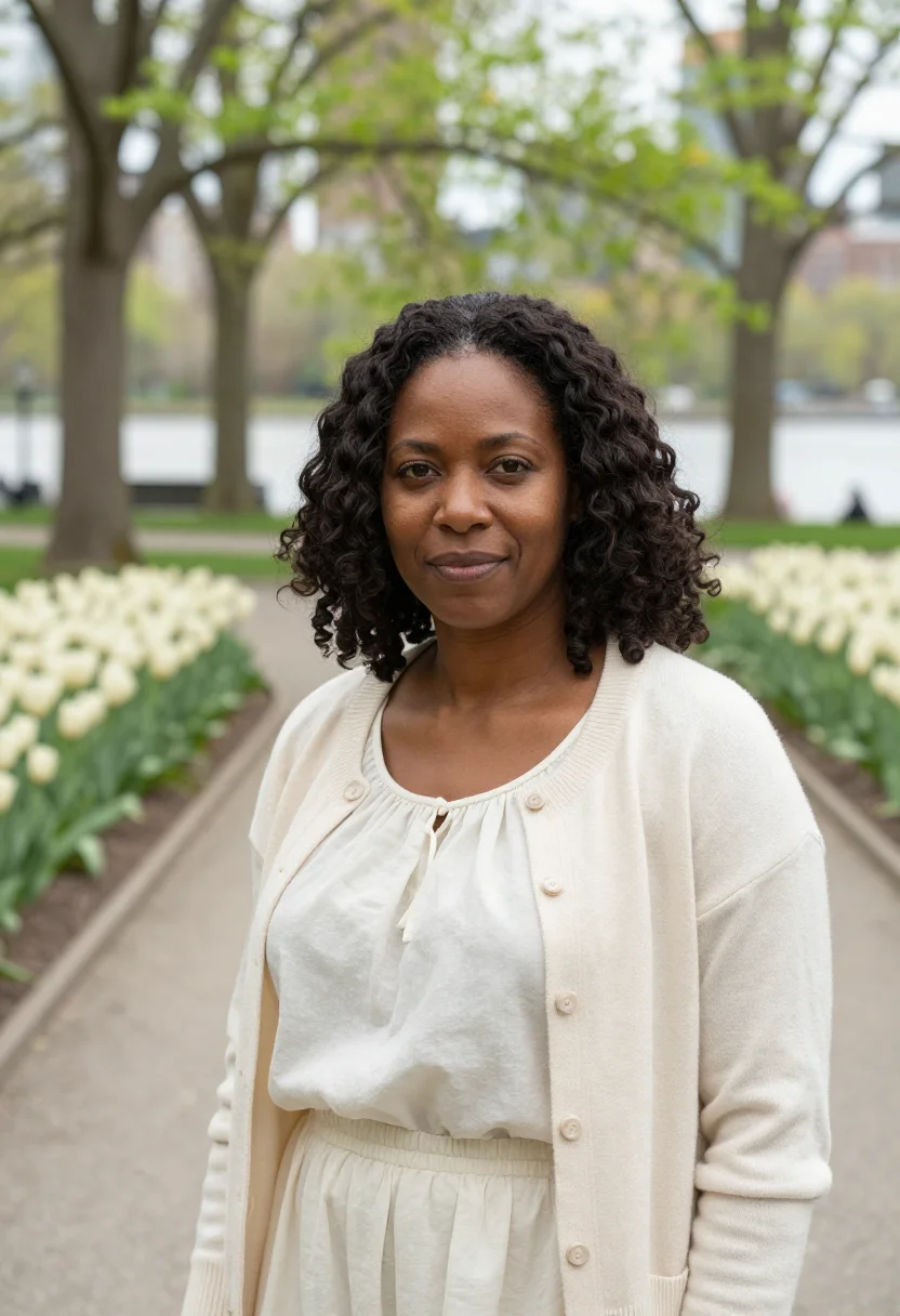 AI youve got mail riverside park garden may cream sample — portrait of a woman, framed tight, head and shoulders, the b