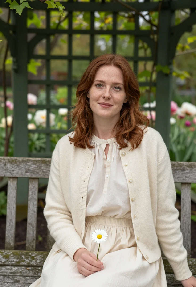 AI youve got mail riverside park garden may cream sample — portrait of a woman, framed chest-up, cropped at the ribs, t
