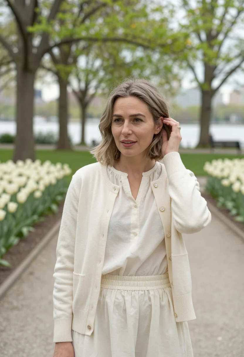 AI youve got mail riverside park garden may cream sample — portrait of a woman, framed chest-up, cropped at the ribs, t