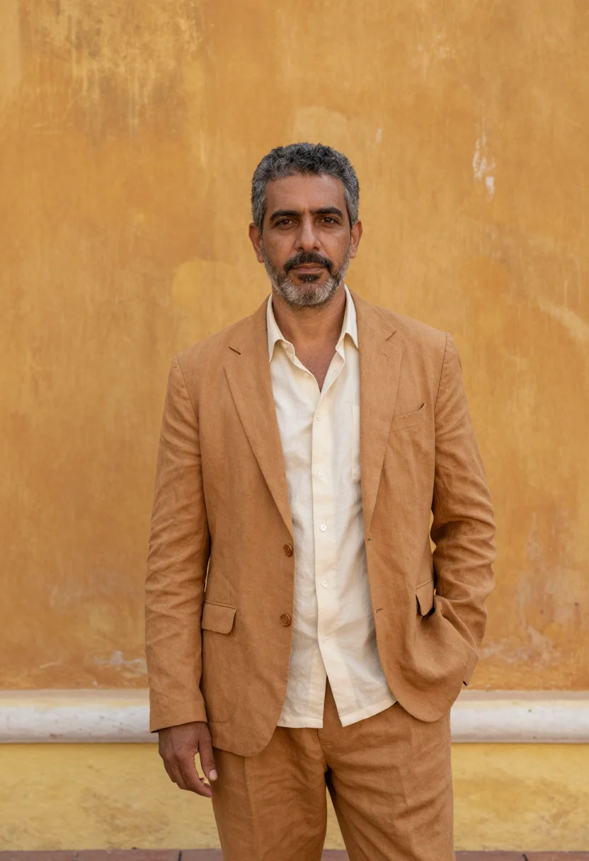AI yucatan hacienda hotelier ochre henequen sample — portrait of a man, a Lebanese-Mexican hotelier in his fiftie