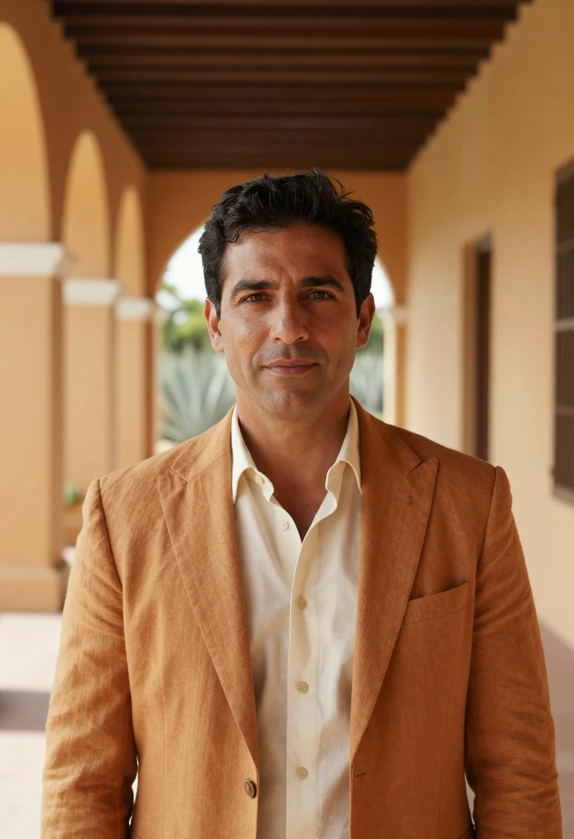 AI yucatan hacienda hotelier ochre henequen sample — portrait of a man, a Spanish hotelier in his mid-forties wit