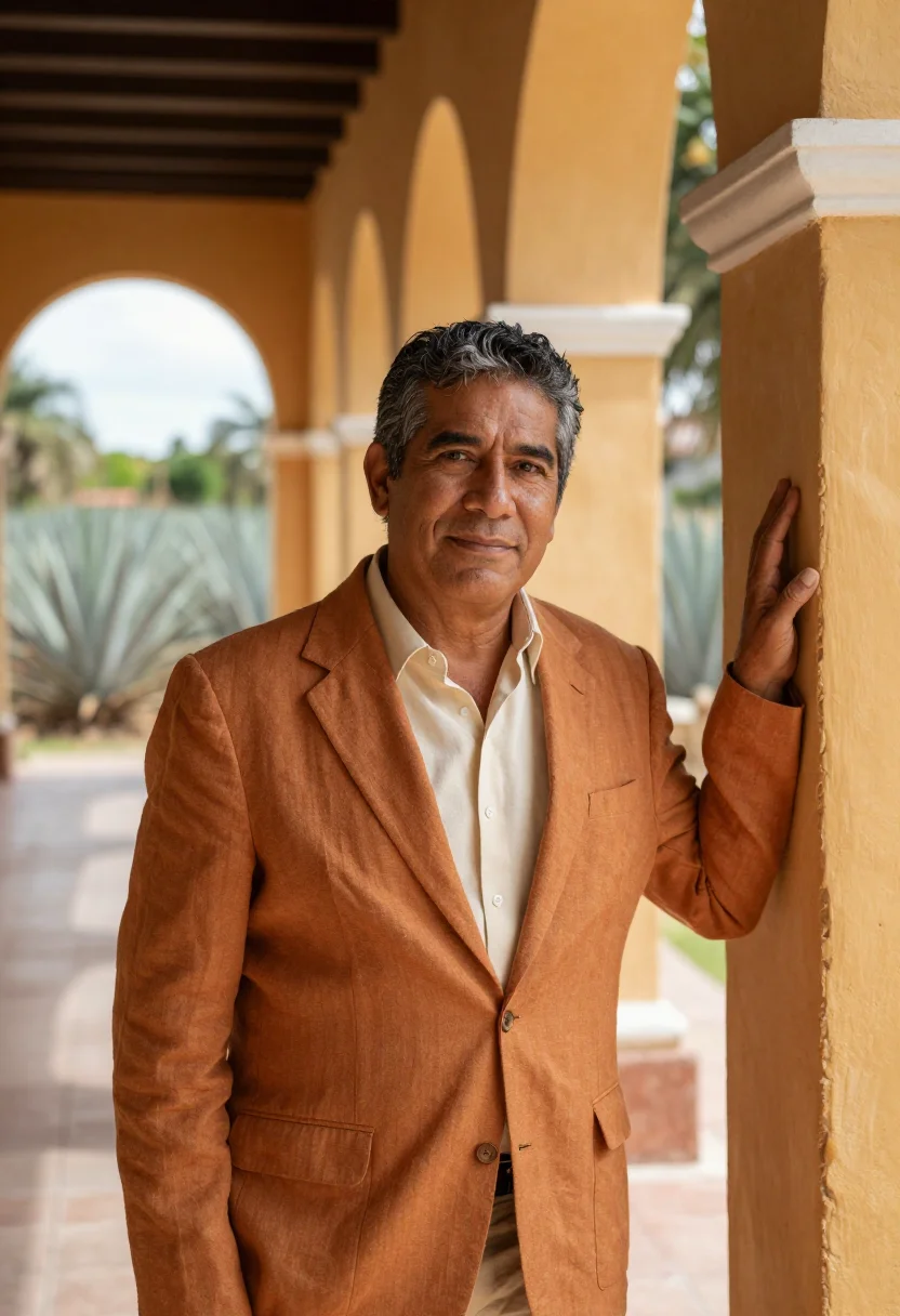 AI yucatan hacienda hotelier ochre henequen sample — portrait of a man, a Yucatec Maya hotelier in his fifties wi