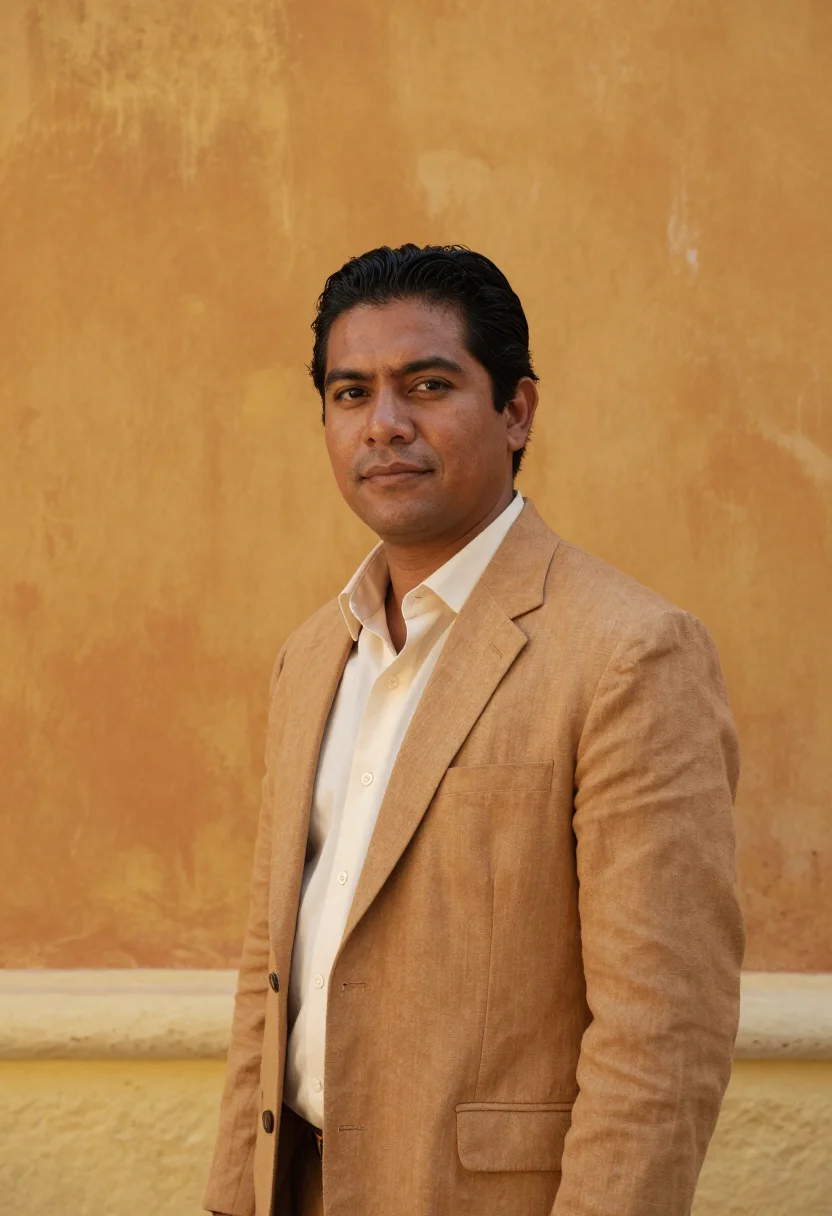 AI yucatan hacienda hotelier ochre henequen sample — portrait of a man, a Yucatec Maya hotelier in his late thirt