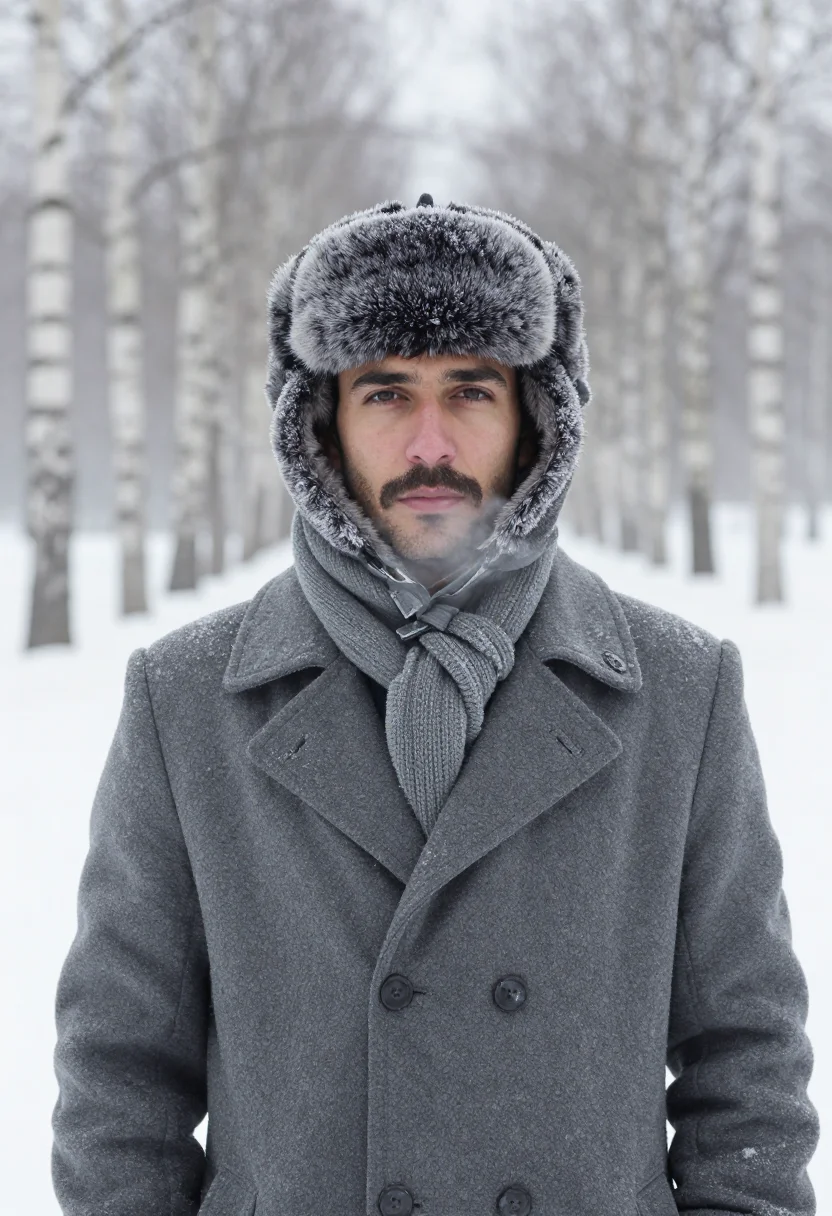 AI yuri zhivago ushanka snow sample — portrait of a man, framed tight, head and shoulders, the bod