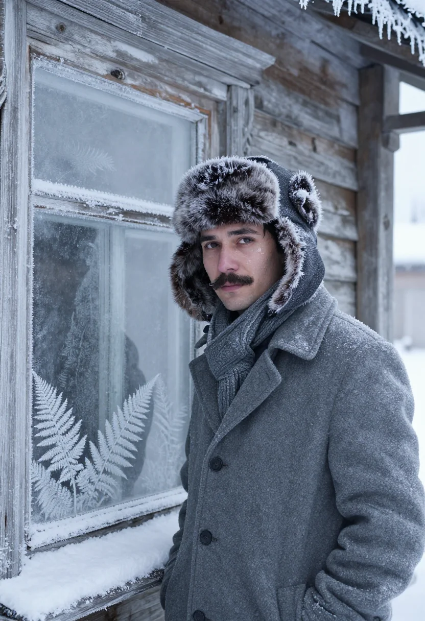 AI yuri zhivago ushanka snow sample — portrait of a man, framed chest-up, the crop at the breastbo