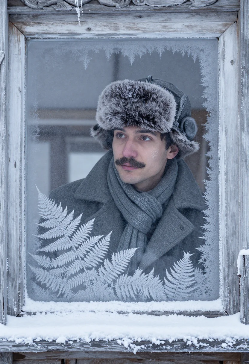 AI yuri zhivago ushanka snow sample — portrait of a man, framed tight, head and shoulders, the bod
