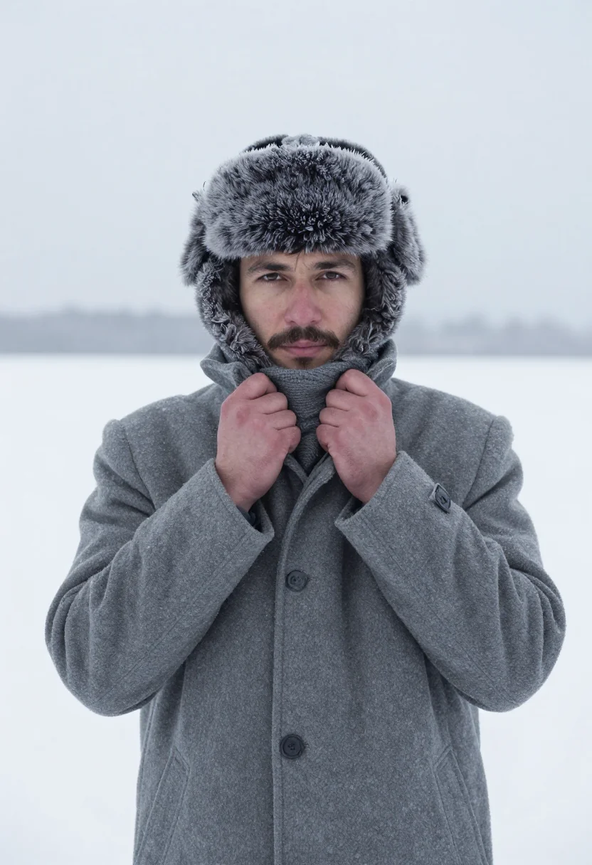 AI yuri zhivago ushanka snow sample — portrait of a man, framed half-length from the waist up, the