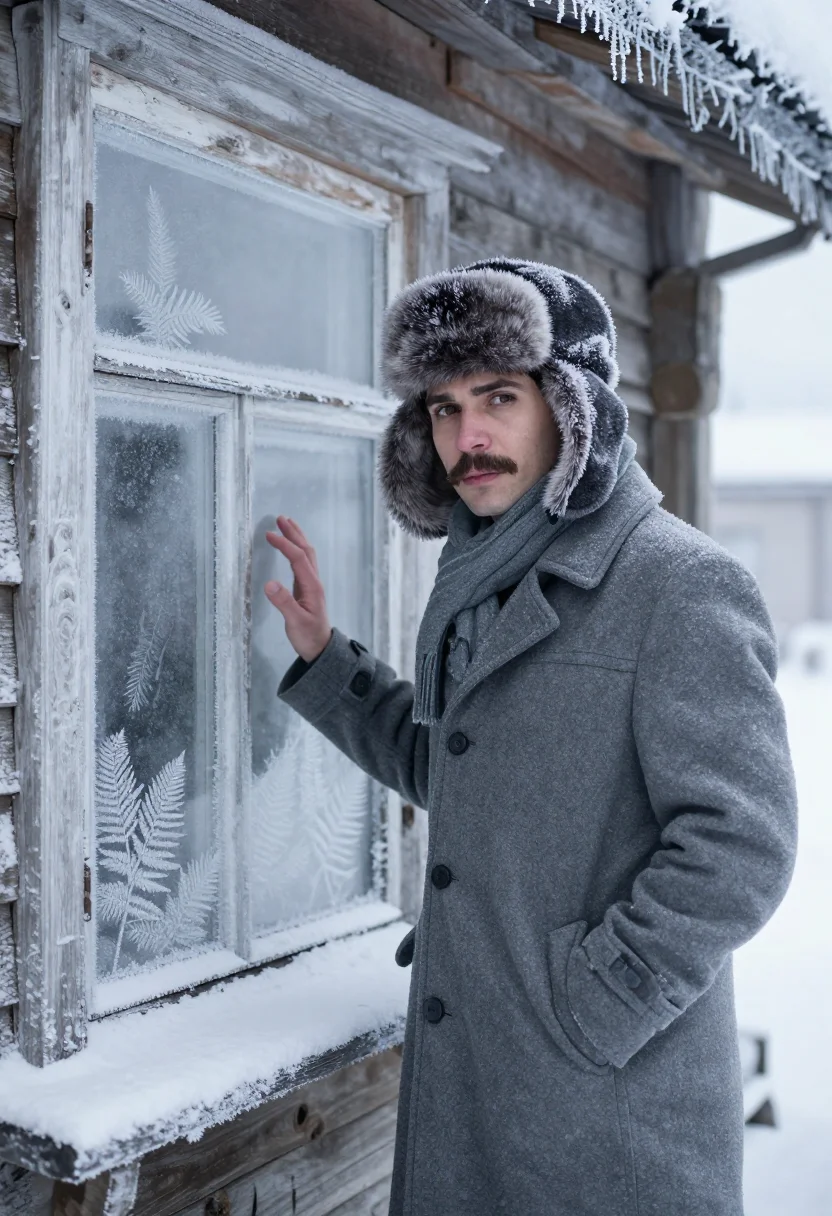 AI yuri zhivago ushanka snow sample — portrait of a man, framed half-length from the waist up, the