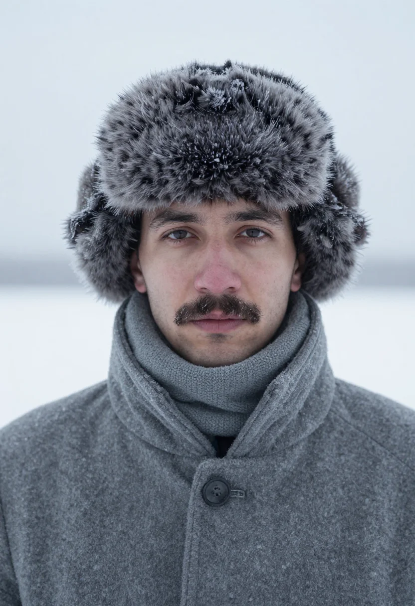AI yuri zhivago ushanka snow sample — portrait of a man, framed tight, head and shoulders, the bod