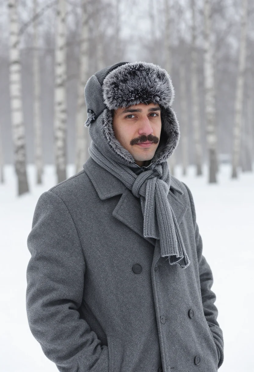 AI yuri zhivago ushanka snow sample — portrait of a man, framed chest-up, the crop at the breastbo