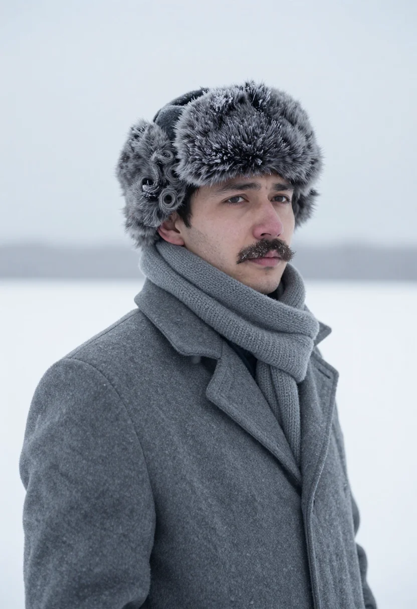 AI yuri zhivago ushanka snow sample — portrait of a man, framed chest-up, the crop at the breastbo