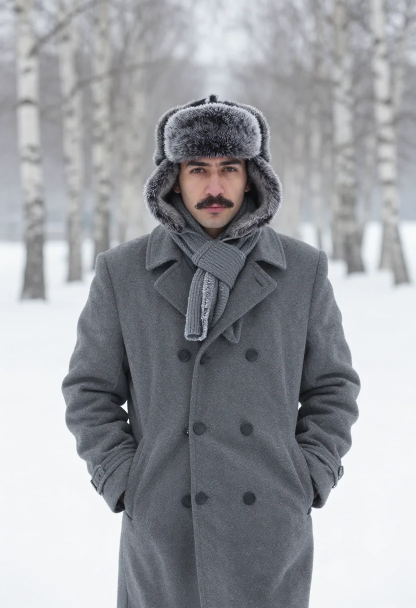 AI yuri zhivago ushanka snow sample — portrait of a man, framed half-length from the waist up, the