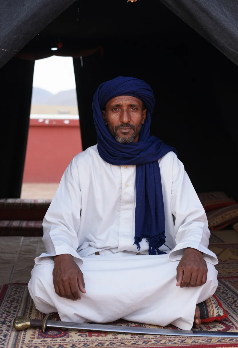 AI yusuf ibn tashfin sample — portrait of a man, chest-up portrait of a Saharan Berber man