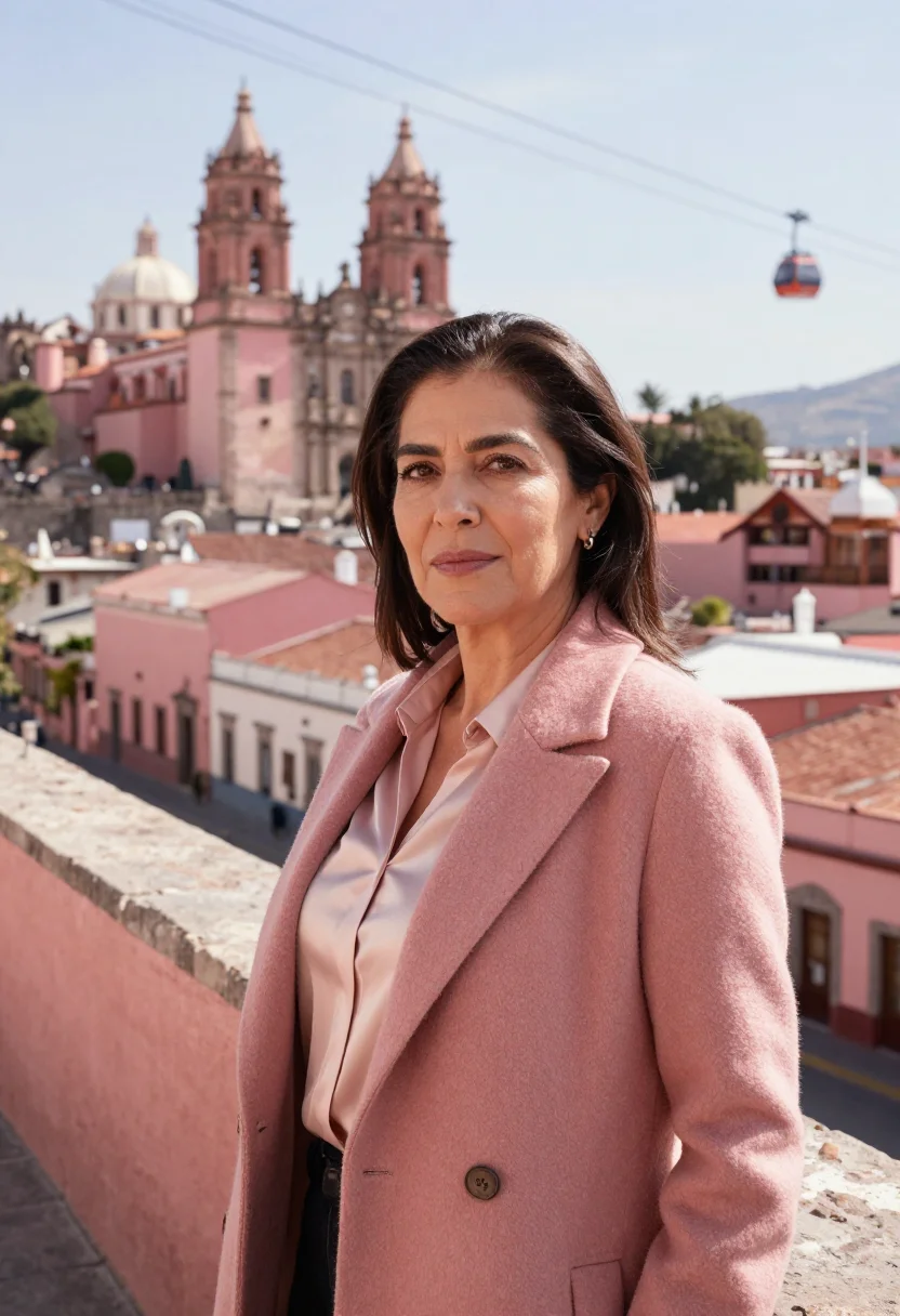 AI zacatecas mining engineer pink cantera sample — portrait of a woman, a Mexican mining engineer in her late f