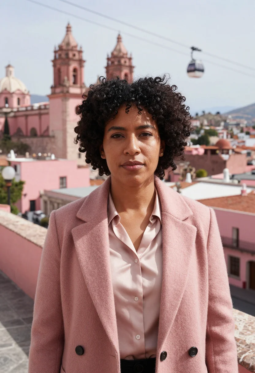 AI zacatecas mining engineer pink cantera sample — portrait of a woman, an Afro-Mexican mining engineer in her