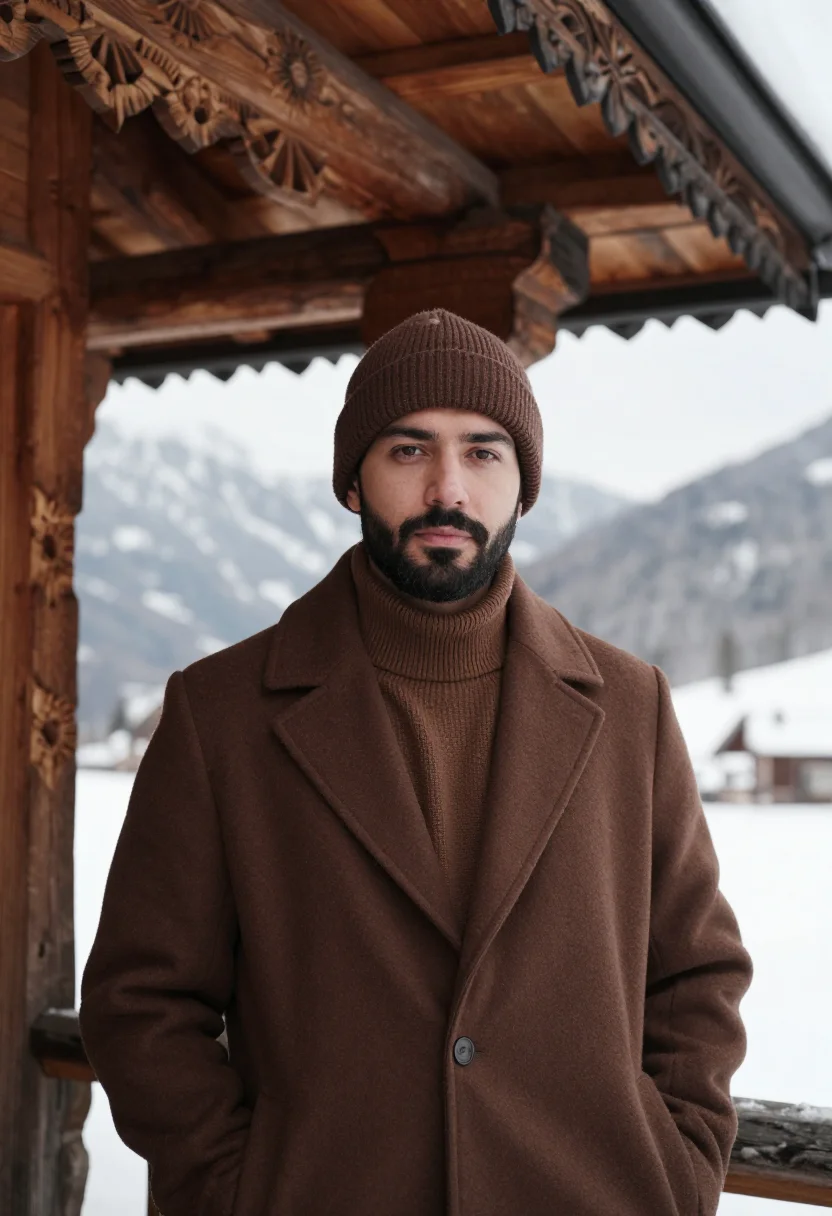 AI zakopane january timber brown sample — portrait of a man, framed chest-up, a man in his thirties wi