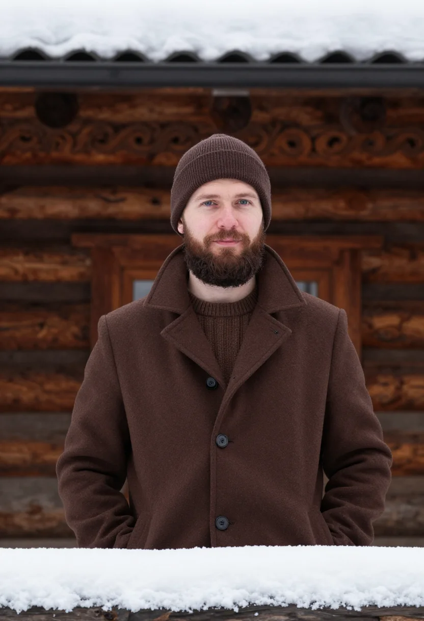 AI zakopane january timber brown sample — portrait of a man, framed chest-up, a man in his forties wit