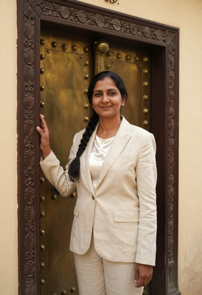 AI zanzibar stone town hotelier coral carved door sample — portrait of a woman, a Gujarati hotelier in her late forties