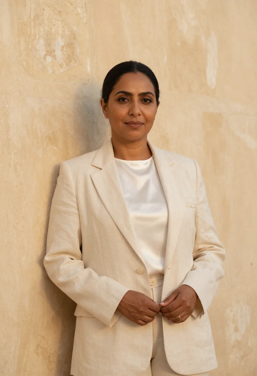 AI zanzibar stone town hotelier coral carved door sample — portrait of a woman, an Omani hotelier in her early fifties