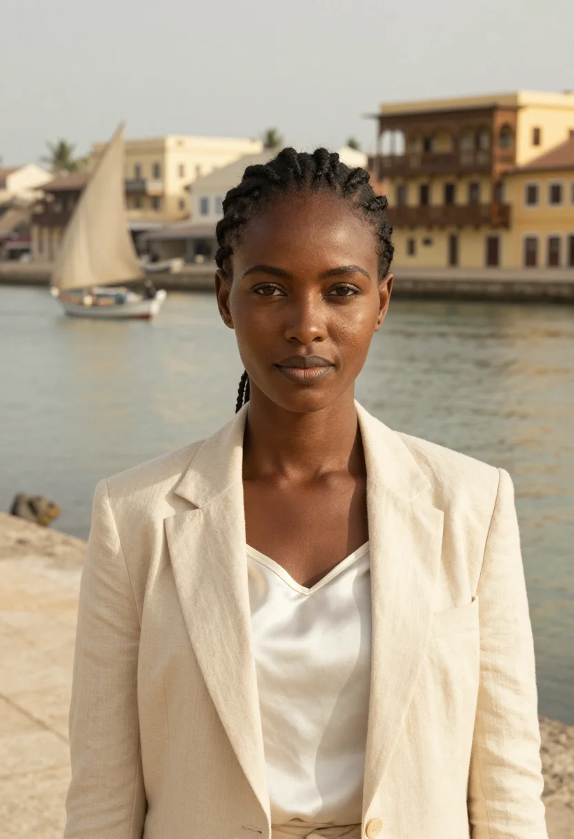 AI zanzibar stone town hotelier coral carved door sample — portrait of a woman, a Kenyan hotelier in her early thirties