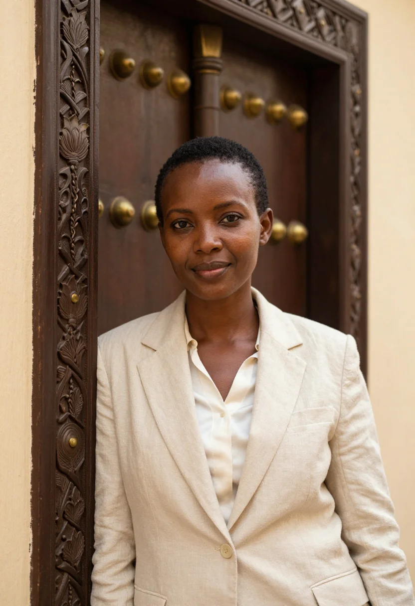AI zanzibar stone town hotelier coral carved door sample — portrait of a woman, a Tanzanian hotelier in her mid-thirtie