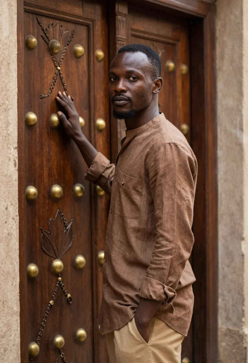 AI zanzibar stone town november teak sample — portrait of a man, chest-up portrait of a Zanzibari man in h