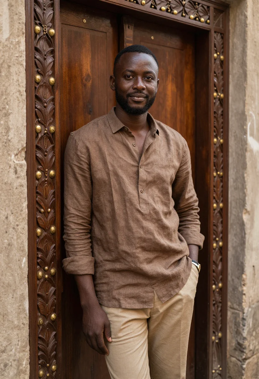 AI zanzibar stone town november teak sample — portrait of a man, three-quarter-length portrait of a Zanzib