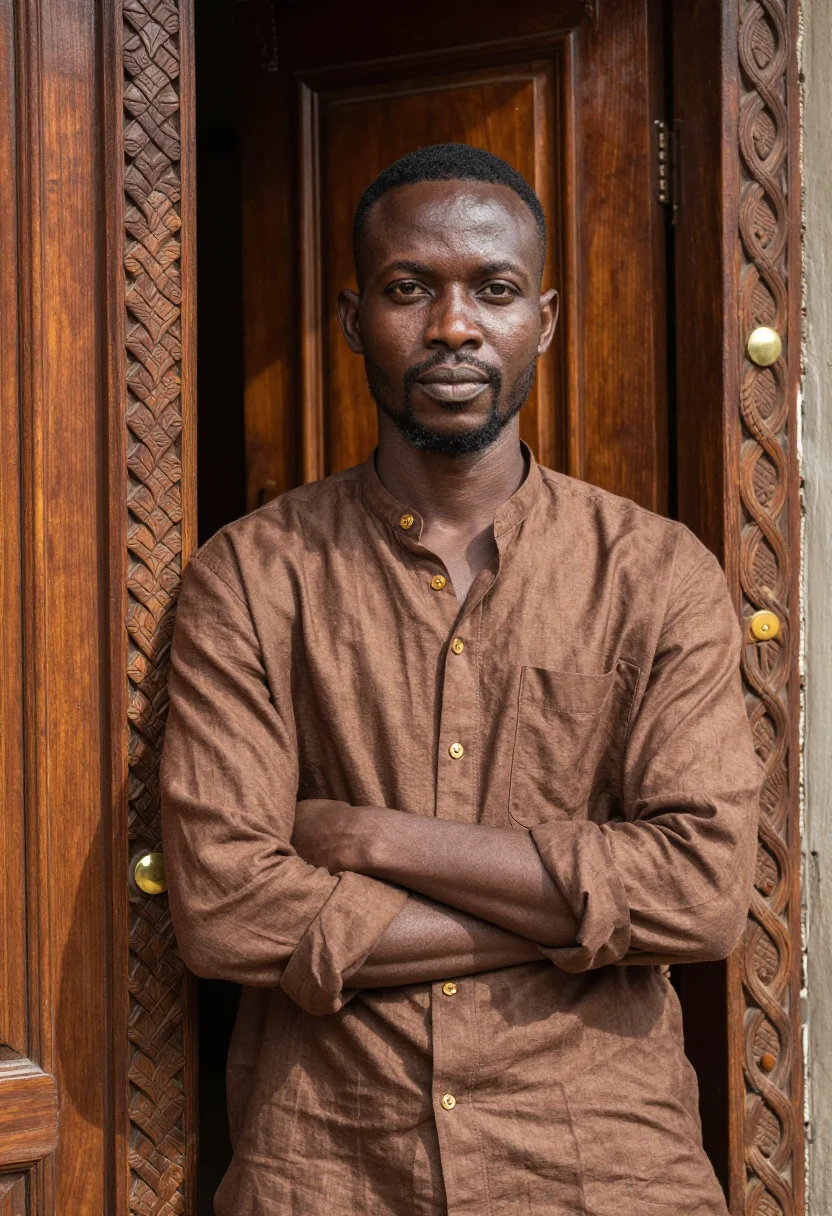 AI zanzibar stone town november teak sample — portrait of a man, chest-up portrait of a Zanzibari man in h