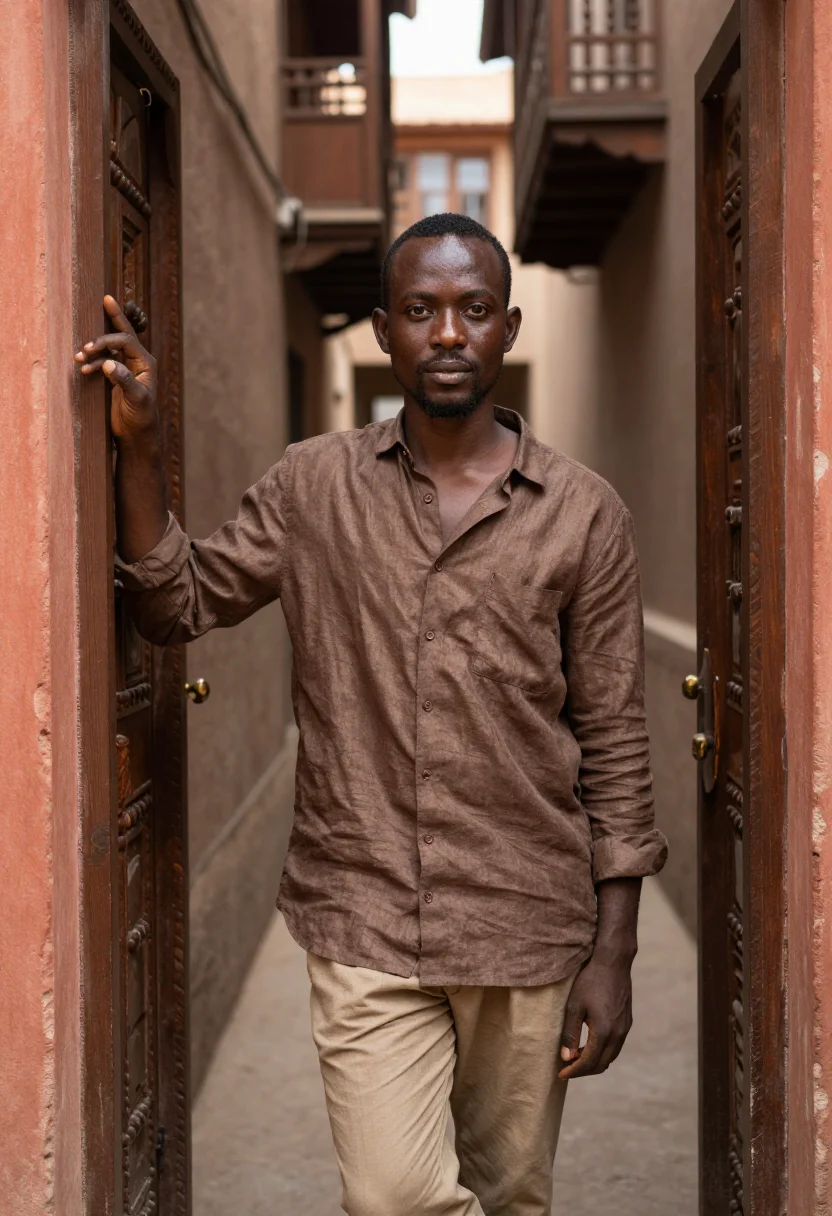 AI zanzibar stone town november teak sample — portrait of a man, half-length portrait of a Zanzibari man i
