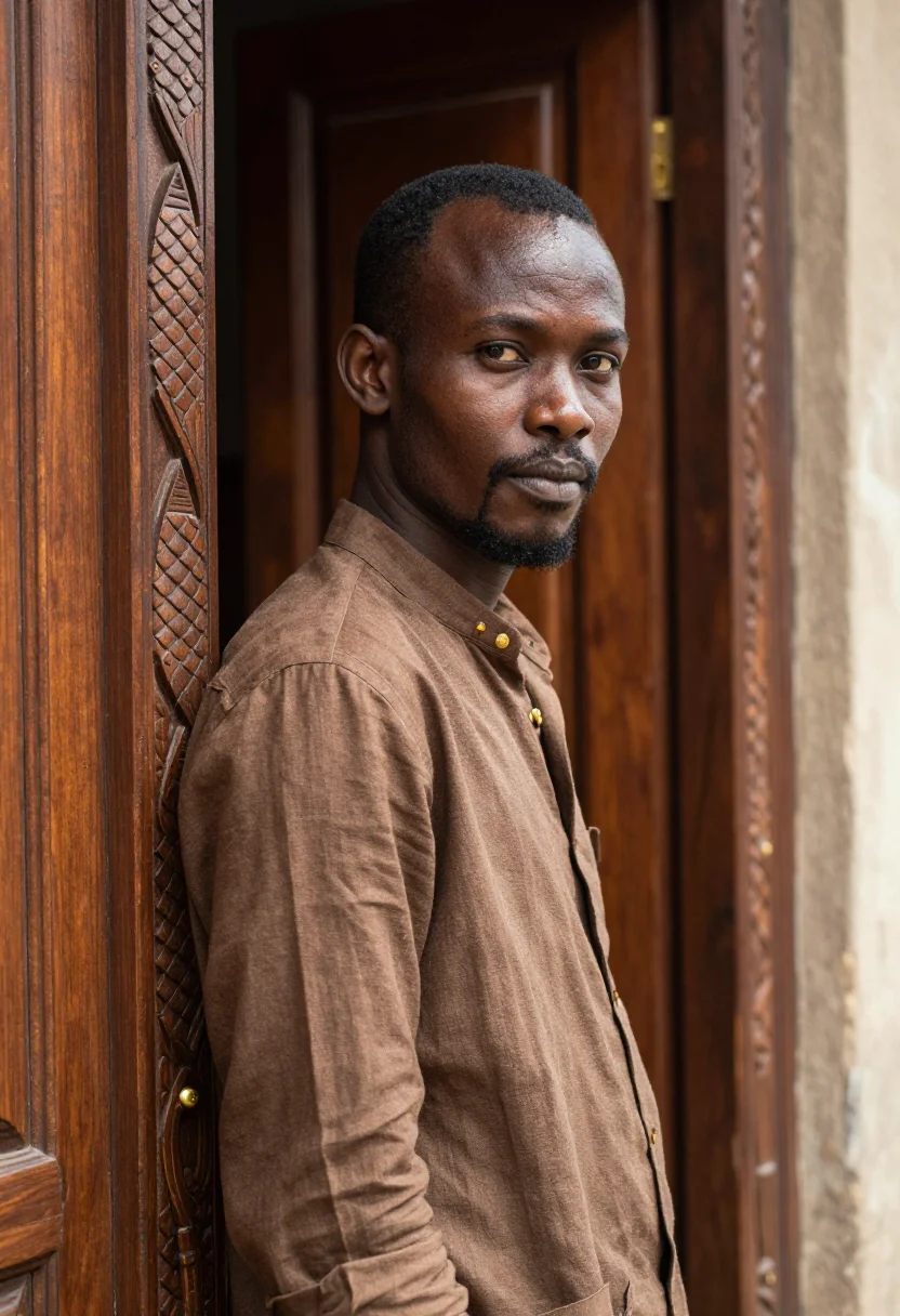 AI zanzibar stone town november teak sample — portrait of a man, tight head-and-shoulders portrait of a Za