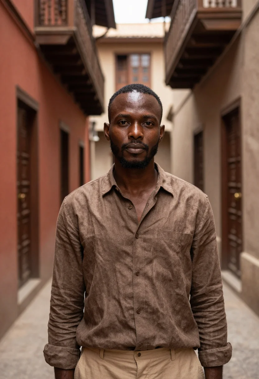AI zanzibar stone town november teak sample — portrait of a man, tight head-and-shoulders portrait of a Za