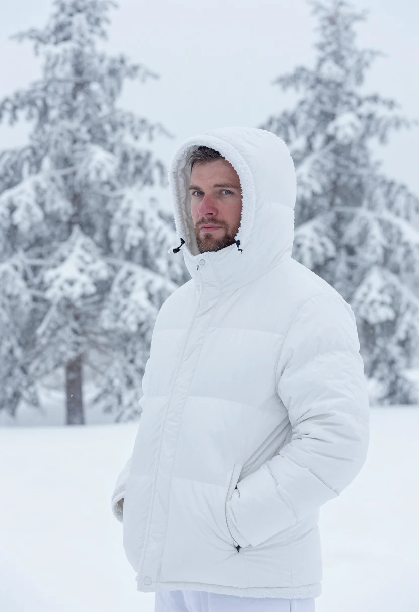 AI zao snow monsters january white sample — portrait of a man, framed chest-up, a man in his forties wit
