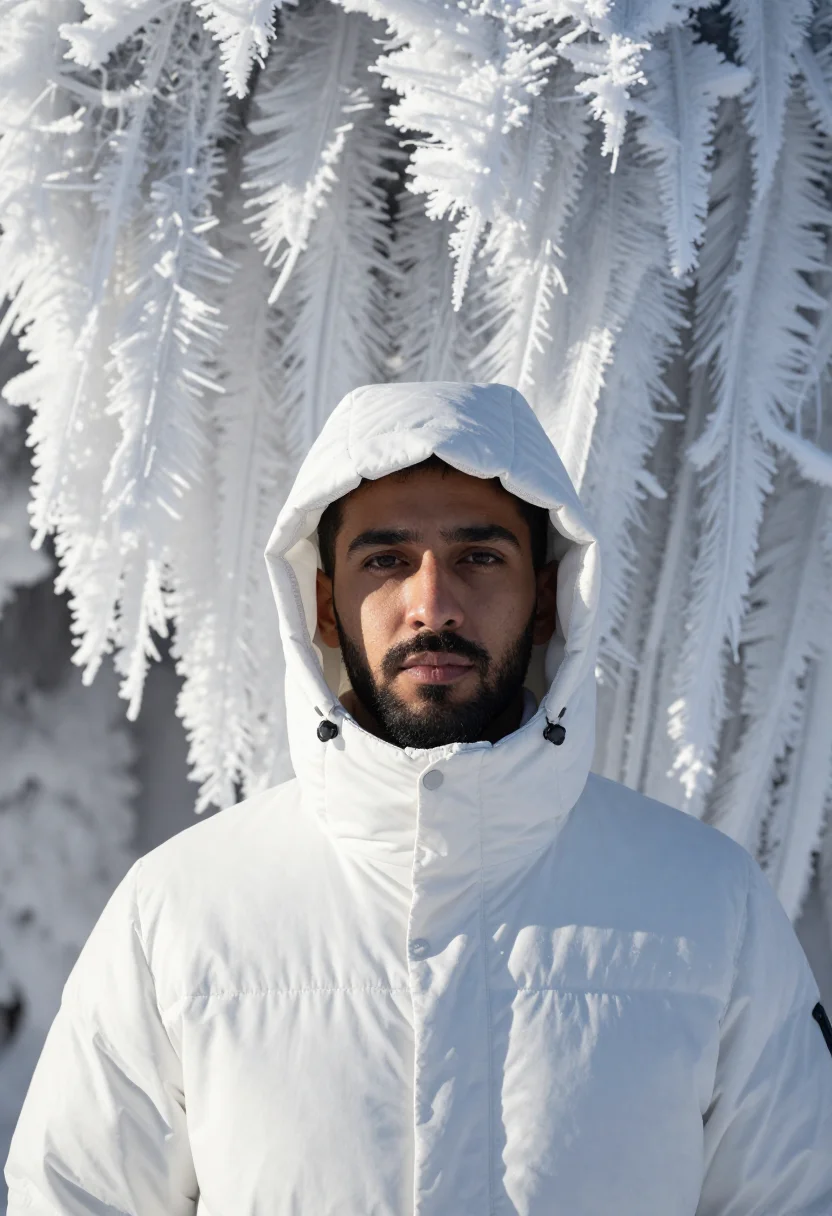 AI zao snow monsters january white sample — portrait of a man, framed chest-up, a man in his thirties wi