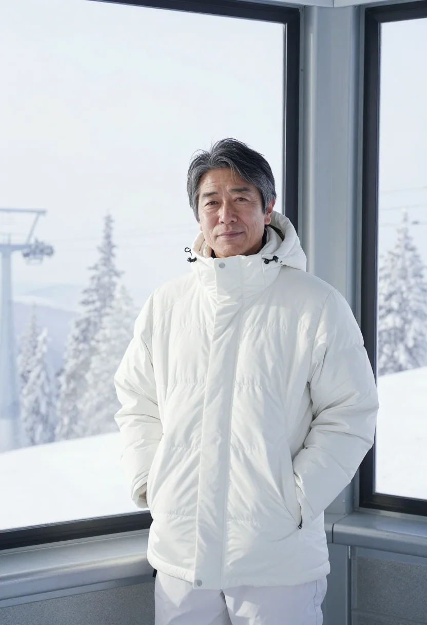 AI zao snow monsters january white sample — portrait of a man, framed chest-up, a Japanese man in his fi