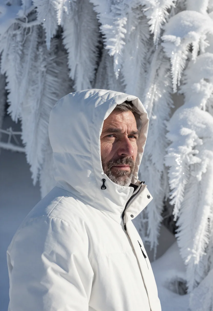 AI zao snow monsters january white sample — portrait of a man, framed tight, head and shoulders, a man i