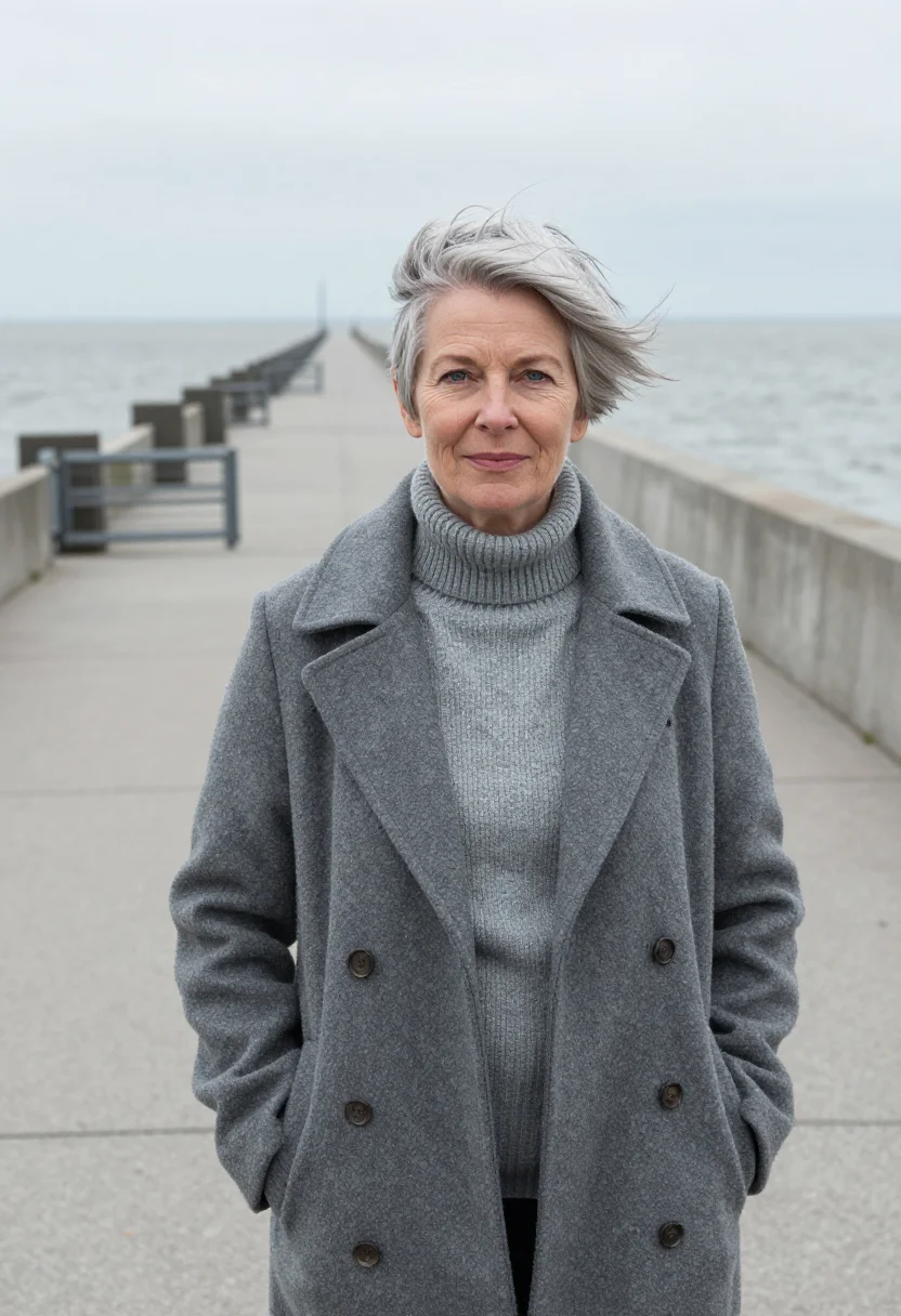 AI zeeland delta works engineer storm grey sample — portrait of a woman, Danish, in her late fifties, with fair