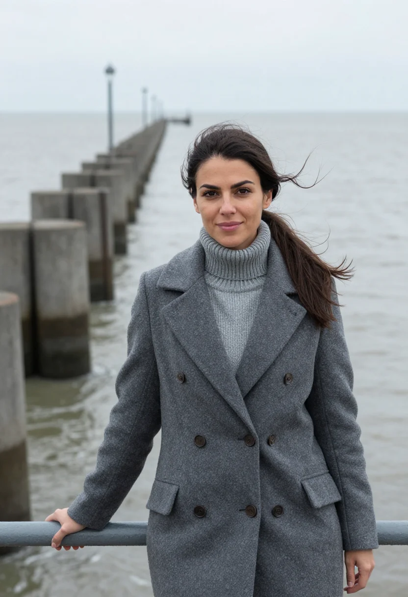 AI zeeland delta works engineer storm grey sample — portrait of a woman, French, in her mid-thirties, with warm