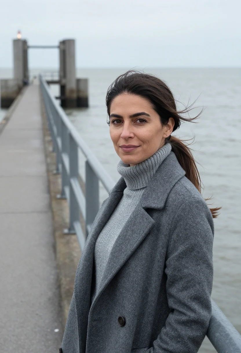 AI zeeland delta works engineer storm grey sample — portrait of a woman, French, in her mid-thirties, with warm